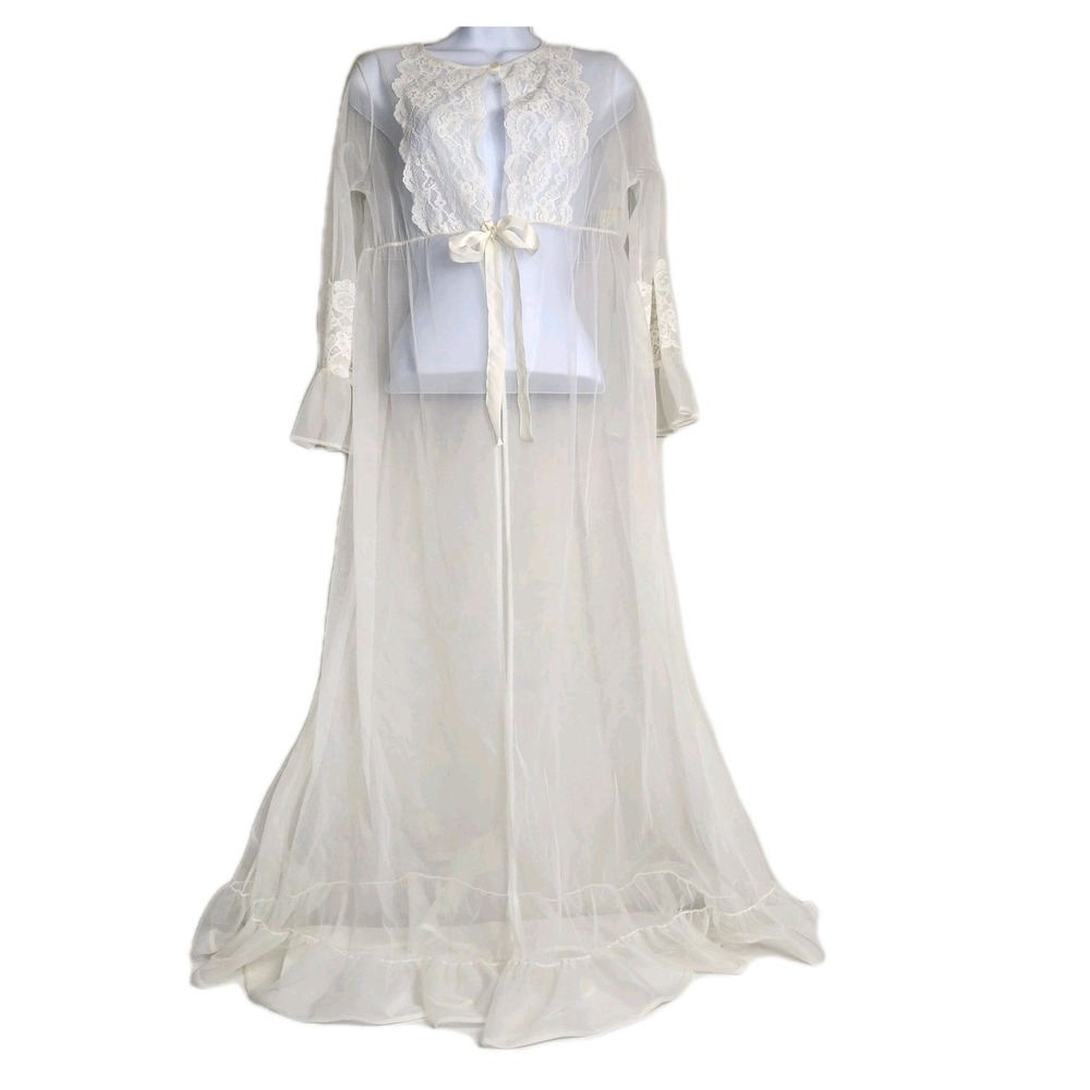 Vintage Bridal Peignoir Robe Sheer White Lace Long Romantic Lingerie Cottagecore
